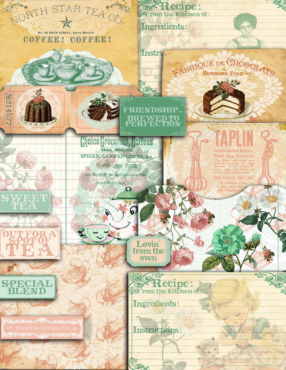DIY Journal - Tea Party Desserts - 26pg Digital Download- vintage junk journal, floral digital paper, junk journal kit, ephemera kit, coffee