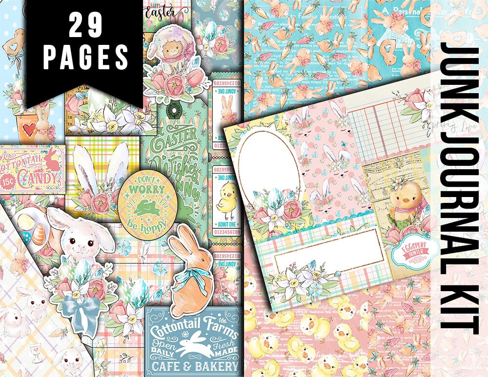 Easter Parade Junk Journal, Printable DIY Kit -29pg Digital Download- Pastel Papers, Ephemera Pack, Tags, Quotes, Mason Jars, Notecards