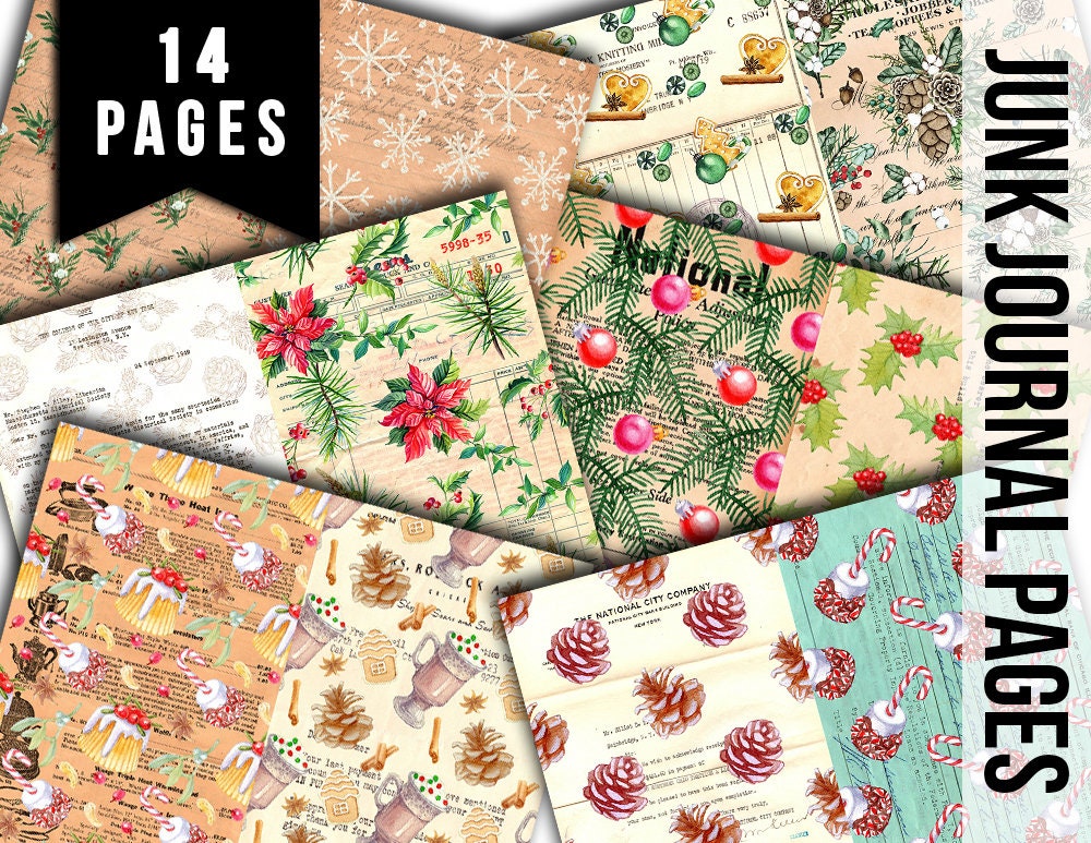 Christmas Junk Journal Pages, Winter digital paper -14pg Digital Download- Poinsettia background,Printable Vintage Christmas,Scrapbook paper