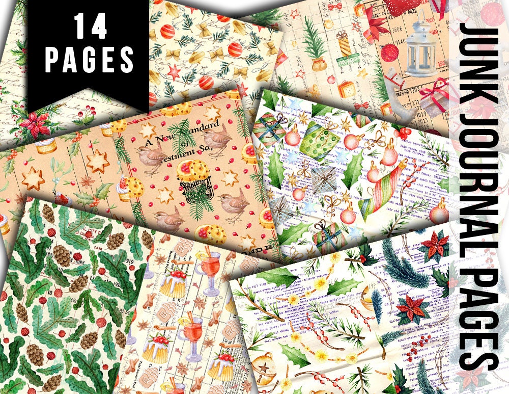 Christmas Junk Journal Pages, Winter digital paper -14pg Digital Download- Poinsettia background,Printable Vintage Christmas,Scrapbook paper