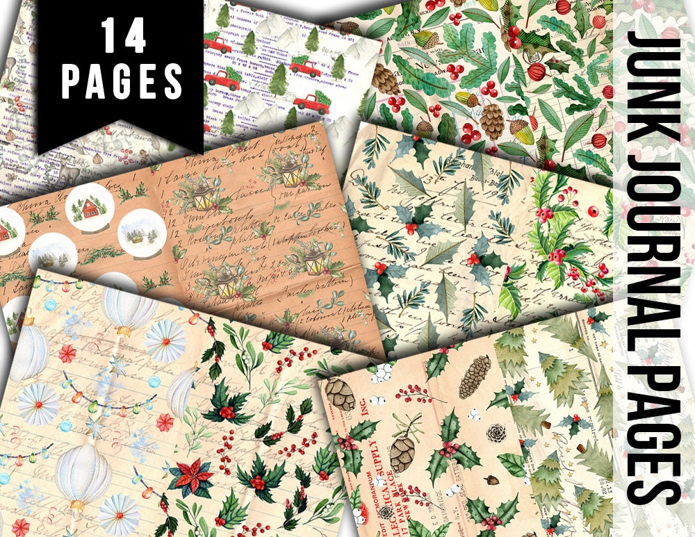 Christmas Junk Journal Pages, Winter digital paper -14pg Digital Download- Poinsettia background,Printable Vintage Christmas,Scrapbook paper