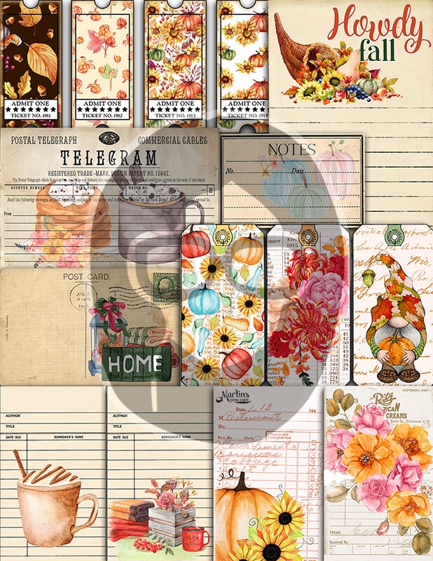 Fall Journaling Kit, Autumn Journal Kit -40pg Digital Download- Thanksgiving Pumpkin, Fall Harvest, Sunflower Clipart, Fall Digital Paper