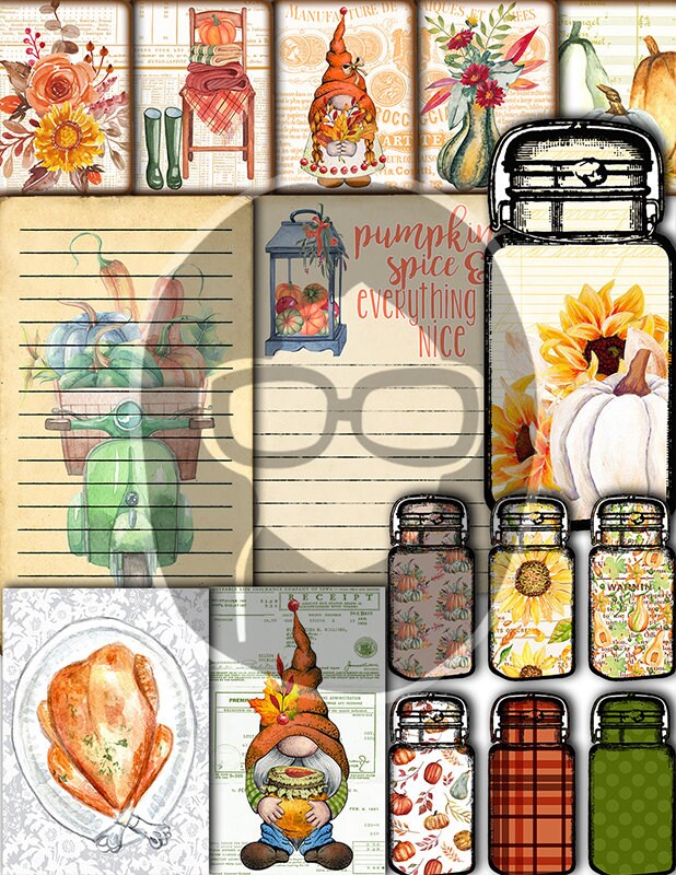 Fall Journaling Kit, Autumn Journal Kit -40pg Digital Download- Thanksgiving Pumpkin, Fall Harvest, Sunflower Clipart, Fall Digital Paper