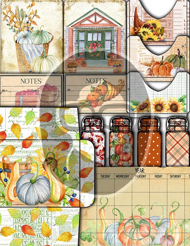 Fall Journaling Kit, Autumn Journal Kit -40pg Digital Download- Thanksgiving Pumpkin, Fall Harvest, Sunflower Clipart, Fall Digital Paper
