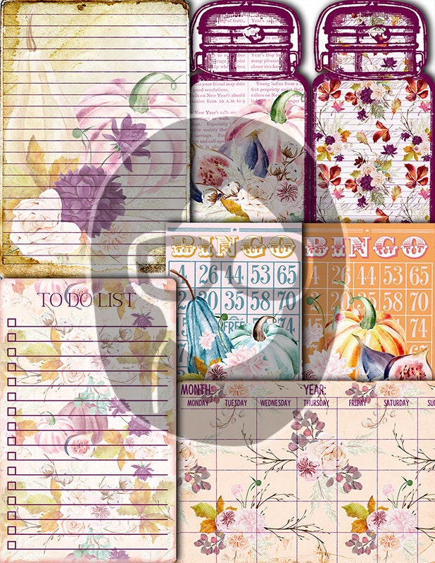 Fall Digital Paper, Autumn Journal Kit -40pg Digital Download- Thanksgiving Pumpkin, Fall Harvest, Pastel Flowers, Printable Daily Planner