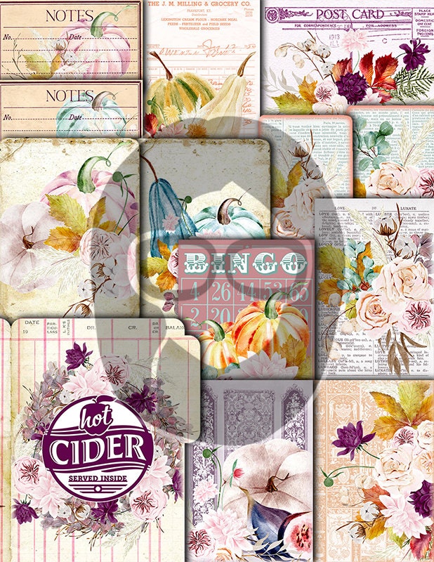 Fall Digital Paper, Autumn Journal Kit -40pg Digital Download- Thanksgiving Pumpkin, Fall Harvest, Pastel Flowers, Printable Daily Planner