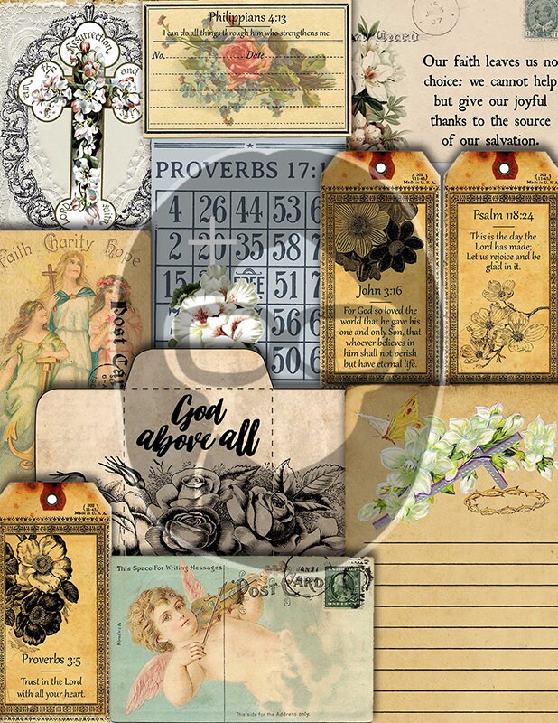 Faith Junk Journal Kit, Scripture Ephemera -42pg Digital Download- Religious Note Cards, Catholic Cross, Prayer Quotes, Bible Verse Cards