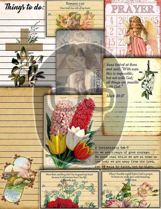 Faith Junk Journal Kit, Scripture Ephemera -42pg Digital Download- Religious Note Cards, Catholic Cross, Prayer Quotes, Bible Verse Cards