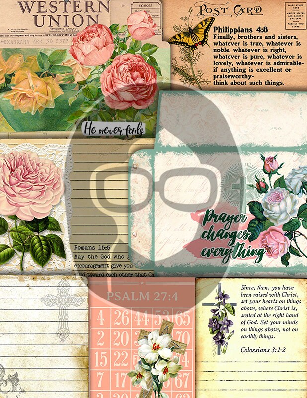 Faith Junk Journal Kit, Scripture Ephemera -42pg Digital Download- Religious Note Cards, Catholic Cross, Prayer Quotes, Bible Verse Cards