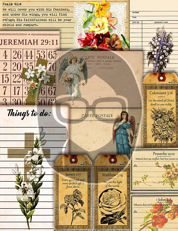 Faith Junk Journal Kit, Scripture Ephemera -42pg Digital Download- Religious Note Cards, Catholic Cross, Prayer Quotes, Bible Verse Cards