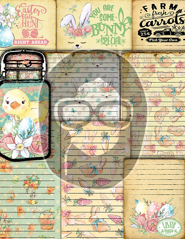 Easter Parade Junk Journal, Printable DIY Kit -29pg Digital Download- Pastel Papers, Ephemera Pack, Tags, Quotes, Mason Jars, Notecards