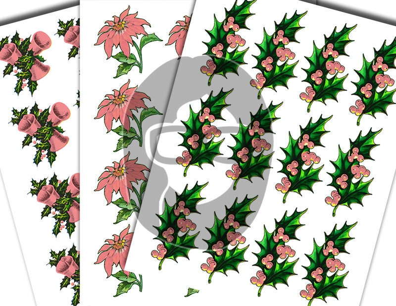 Fussy Cut Christmas Ephemera, Poinsettia Clipart -17pg Digital Download- Pink Holly Berries, Paper Crafting Ephemera, Collage Sheets, Shabby