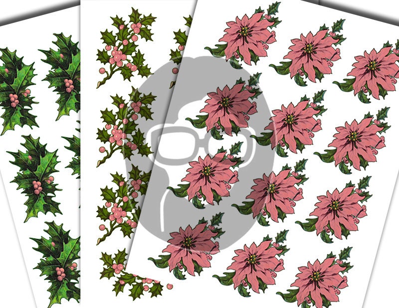 Fussy Cut Christmas Ephemera, Poinsettia Clipart -17pg Digital Download- Pink Holly Berries, Paper Crafting Ephemera, Collage Sheets, Shabby