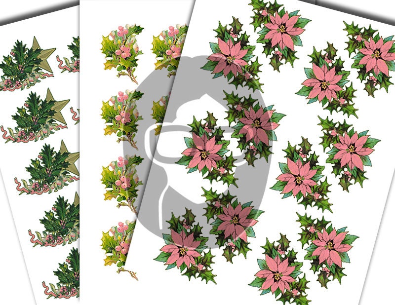Fussy Cut Christmas Ephemera, Poinsettia Clipart -17pg Digital Download- Pink Holly Berries, Paper Crafting Ephemera, Collage Sheets, Shabby