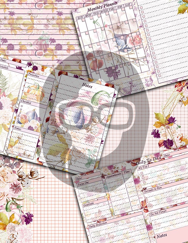 Fall Digital Paper, Autumn Journal Kit -40pg Digital Download- Thanksgiving Pumpkin, Fall Harvest, Pastel Flowers, Printable Daily Planner