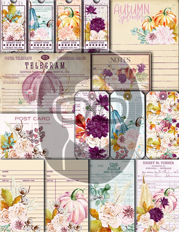 Fall Digital Paper, Autumn Journal Kit -40pg Digital Download- Thanksgiving Pumpkin, Fall Harvest, Pastel Flowers, Printable Daily Planner