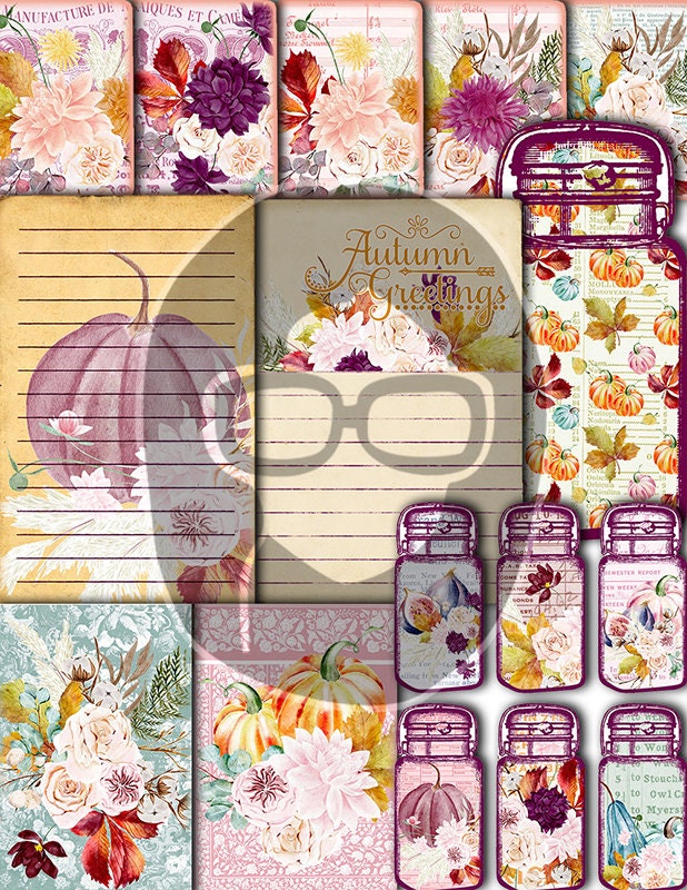 Fall Digital Paper, Autumn Journal Kit -40pg Digital Download- Thanksgiving Pumpkin, Fall Harvest, Pastel Flowers, Printable Daily Planner