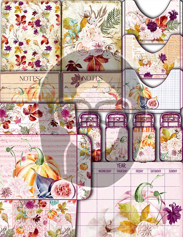 Fall Digital Paper, Autumn Journal Kit -40pg Digital Download- Thanksgiving Pumpkin, Fall Harvest, Pastel Flowers, Printable Daily Planner