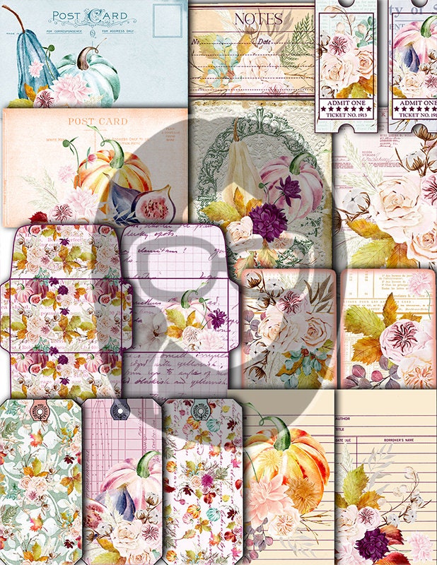 Fall Digital Paper, Autumn Journal Kit -40pg Digital Download- Thanksgiving Pumpkin, Fall Harvest, Pastel Flowers, Printable Daily Planner