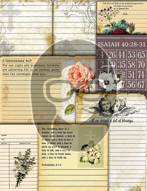 Faith Junk Journal Kit, Scripture Ephemera -42pg Digital Download- Religious Note Cards, Catholic Cross, Prayer Quotes, Bible Verse Cards