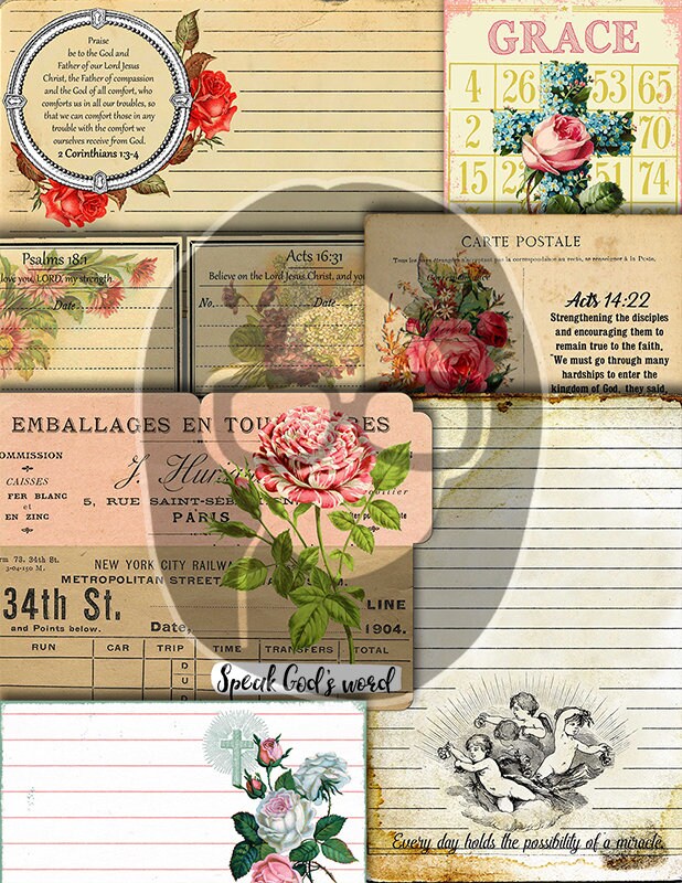 Faith Junk Journal Kit, Scripture Ephemera -42pg Digital Download- Religious Note Cards, Catholic Cross, Prayer Quotes, Bible Verse Cards