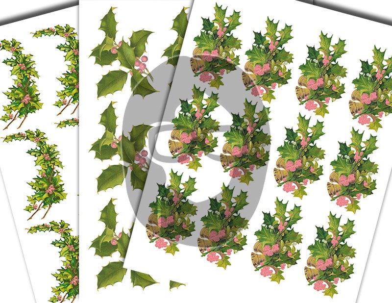 Fussy Cut Christmas Ephemera, Poinsettia Clipart -17pg Digital Download- Pink Holly Berries, Paper Crafting Ephemera, Collage Sheets, Shabby