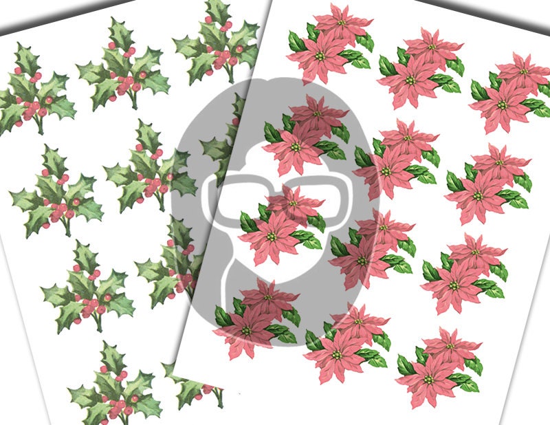 Fussy Cut Christmas Ephemera, Poinsettia Clipart -17pg Digital Download- Pink Holly Berries, Paper Crafting Ephemera, Collage Sheets, Shabby