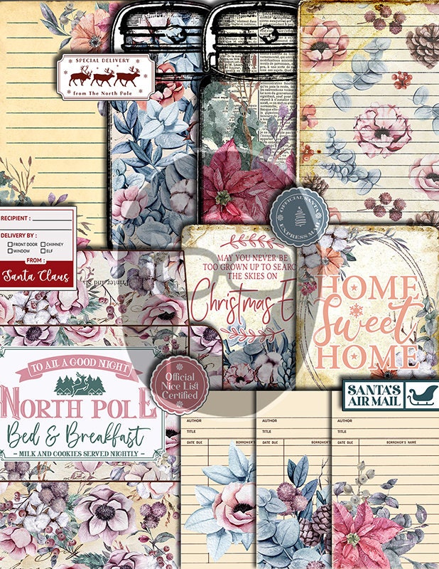 Christmas Junk Journal Kit, Winter digital paper -41pg Digital Download- Poinsettia background, Printable Vintage Christmas, Scrapbook paper