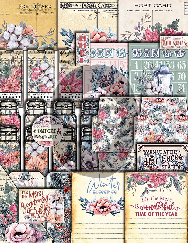 Christmas Junk Journal Kit, Winter digital paper -41pg Digital Download- Poinsettia background, Printable Vintage Christmas, Scrapbook paper