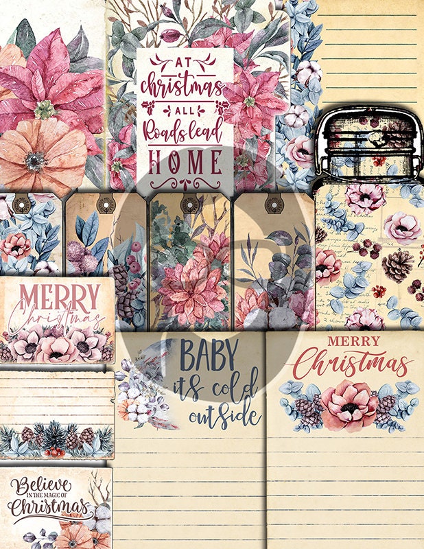 Christmas Junk Journal Kit, Winter digital paper -41pg Digital Download- Poinsettia background, Printable Vintage Christmas, Scrapbook paper