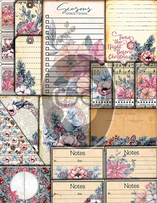 Christmas Junk Journal Kit, Winter digital paper -41pg Digital Download- Poinsettia background, Printable Vintage Christmas, Scrapbook paper