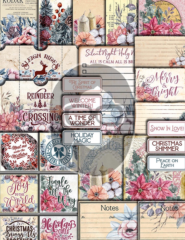 Christmas Junk Journal Kit, Winter digital paper -41pg Digital Download- Poinsettia background, Printable Vintage Christmas, Scrapbook paper