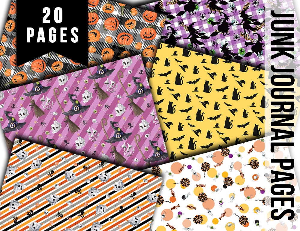Halloween Digital Paper, Halloween Junk Journal Pages -20pg Digital Download- Lined Journal Pages, Scrapbook Paper, Mixed Media Background