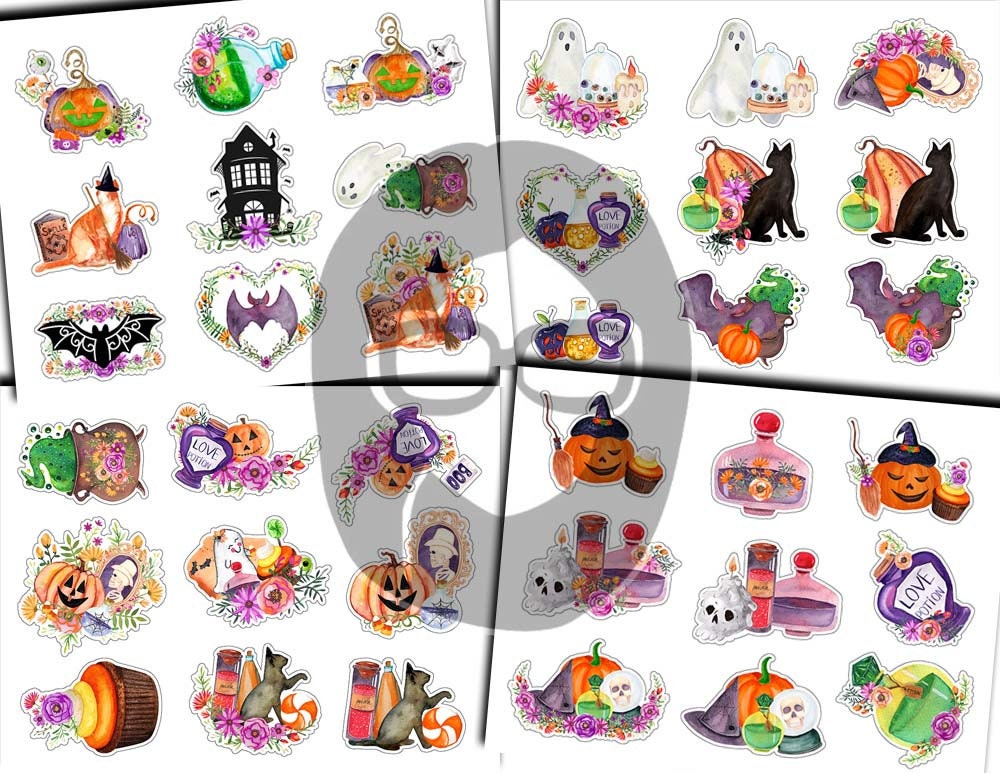 Halloween Clipart, Fussy Cut Ephemera-12pg Digital Download- Halloween Printable, Scrapbook Cutouts, Halloween Junk Journal Kit, Ghost Witch