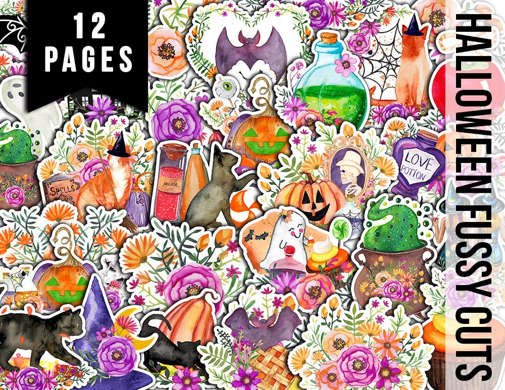Halloween Clipart, Fussy Cut Ephemera-12pg Digital Download- Halloween Printable, Scrapbook Cutouts, Halloween Junk Journal Kit, Ghost Witch