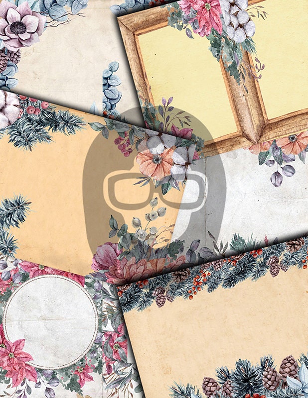 Christmas Junk Journal Kit, Winter digital paper -41pg Digital Download- Poinsettia background, Printable Vintage Christmas, Scrapbook paper