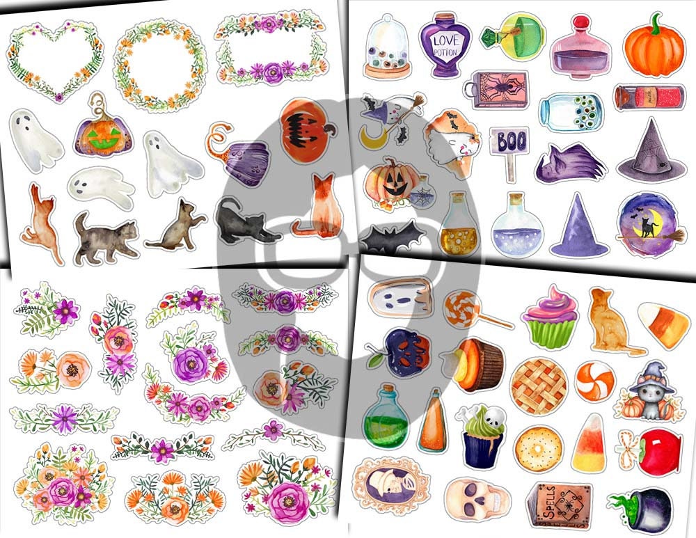 Halloween Clipart, Fussy Cut Ephemera-12pg Digital Download- Halloween Printable, Scrapbook Cutouts, Halloween Junk Journal Kit, Ghost Witch