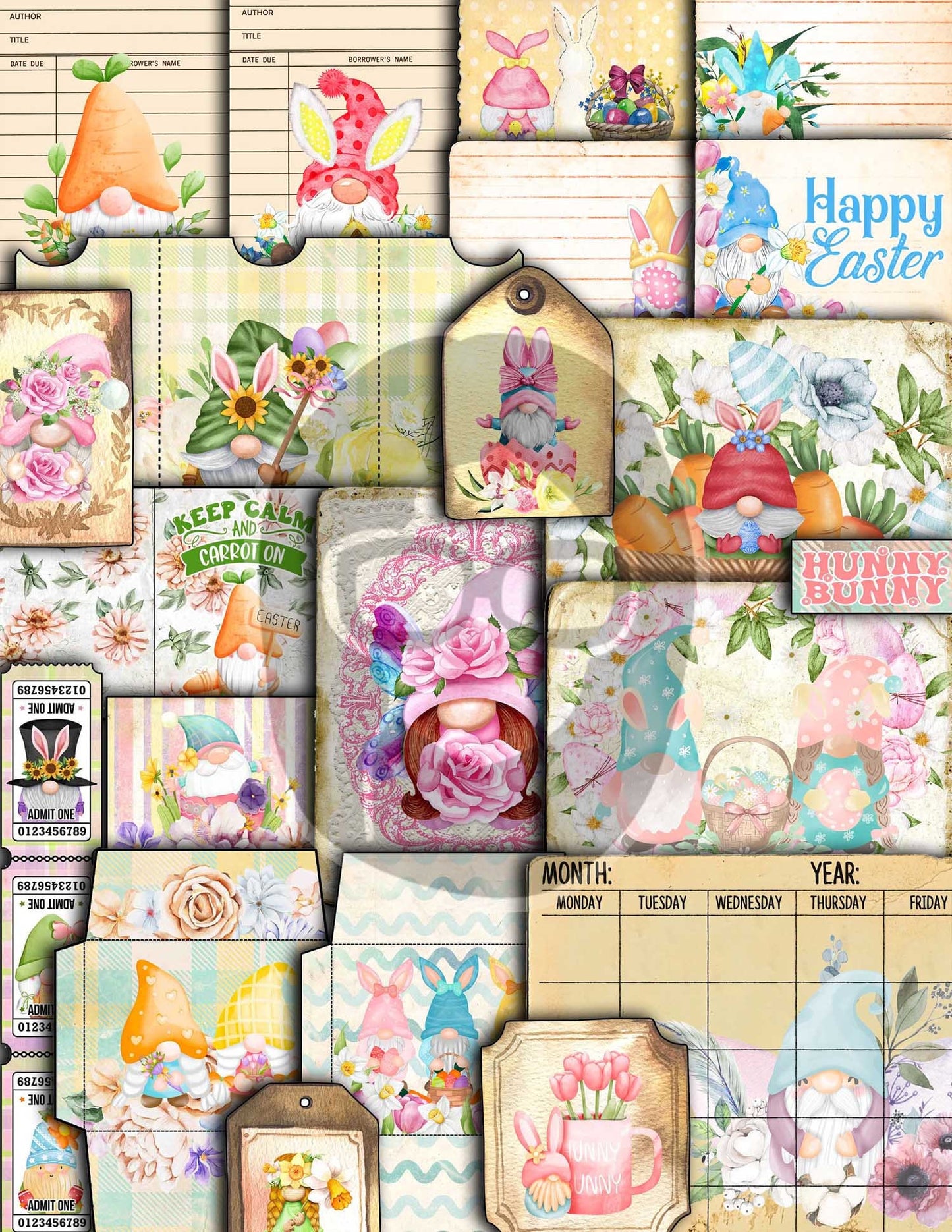 Gnome Printable Journal Kit, Easter Ephemera -40pg Digital Download- Spring Gnomes, Easter Gnome, Easter gnome Scrapbook Embellishment