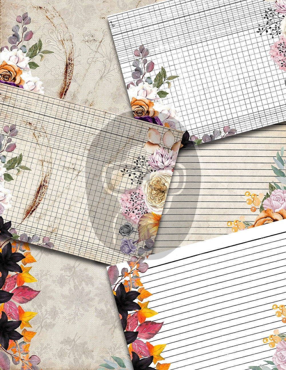 Halloween Digital Paper, Junk Journal Printable-36pg Instant Download- Witch Journal, Autumn Flowers, Lined Journal Pages, Gothic Lace Paper