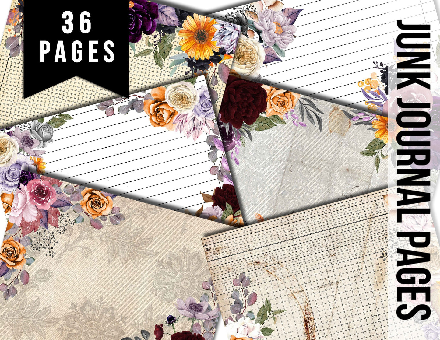 Halloween Digital Paper, Junk Journal Printable-36pg Instant Download- Witch Journal, Autumn Flowers, Lined Journal Pages, Gothic Lace Paper