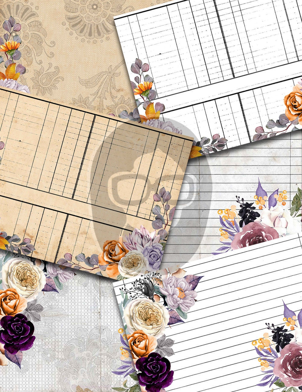 Halloween Digital Paper, Junk Journal Printable-36pg Instant Download- Witch Journal, Autumn Flowers, Lined Journal Pages, Gothic Lace Paper