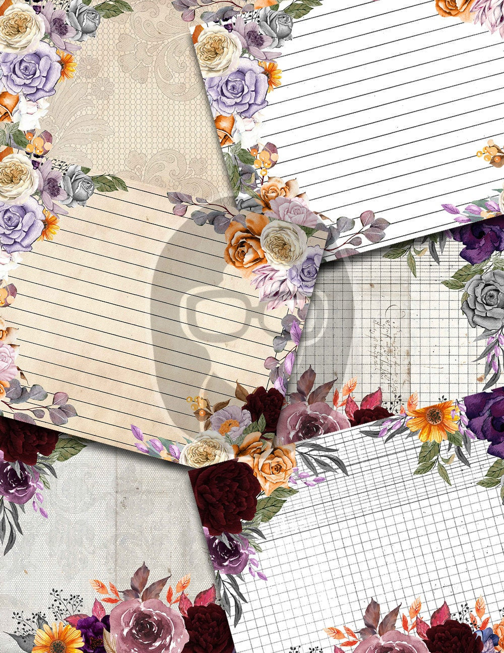 Halloween Digital Paper, Junk Journal Printable-36pg Instant Download- Witch Journal, Autumn Flowers, Lined Journal Pages, Gothic Lace Paper
