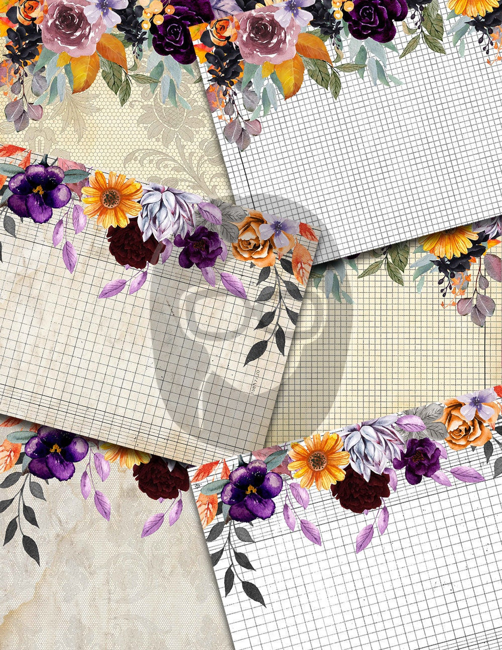 Halloween Digital Paper, Junk Journal Printable-36pg Instant Download- Witch Journal, Autumn Flowers, Lined Journal Pages, Gothic Lace Paper
