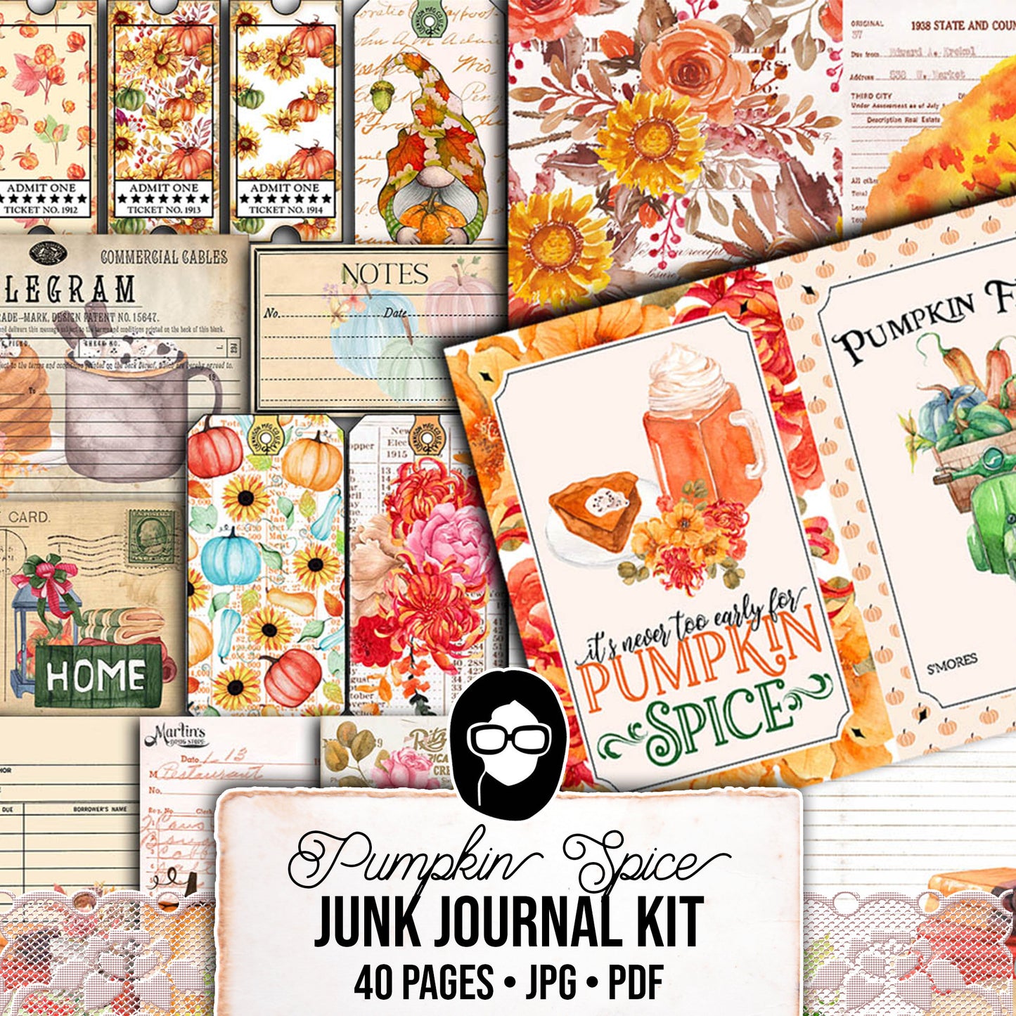 Fall Journaling Kit, Autumn Journal Kit -40pg Digital Download- Thanksgiving Pumpkin, Fall Harvest, Sunflower Clipart, Fall Digital Paper