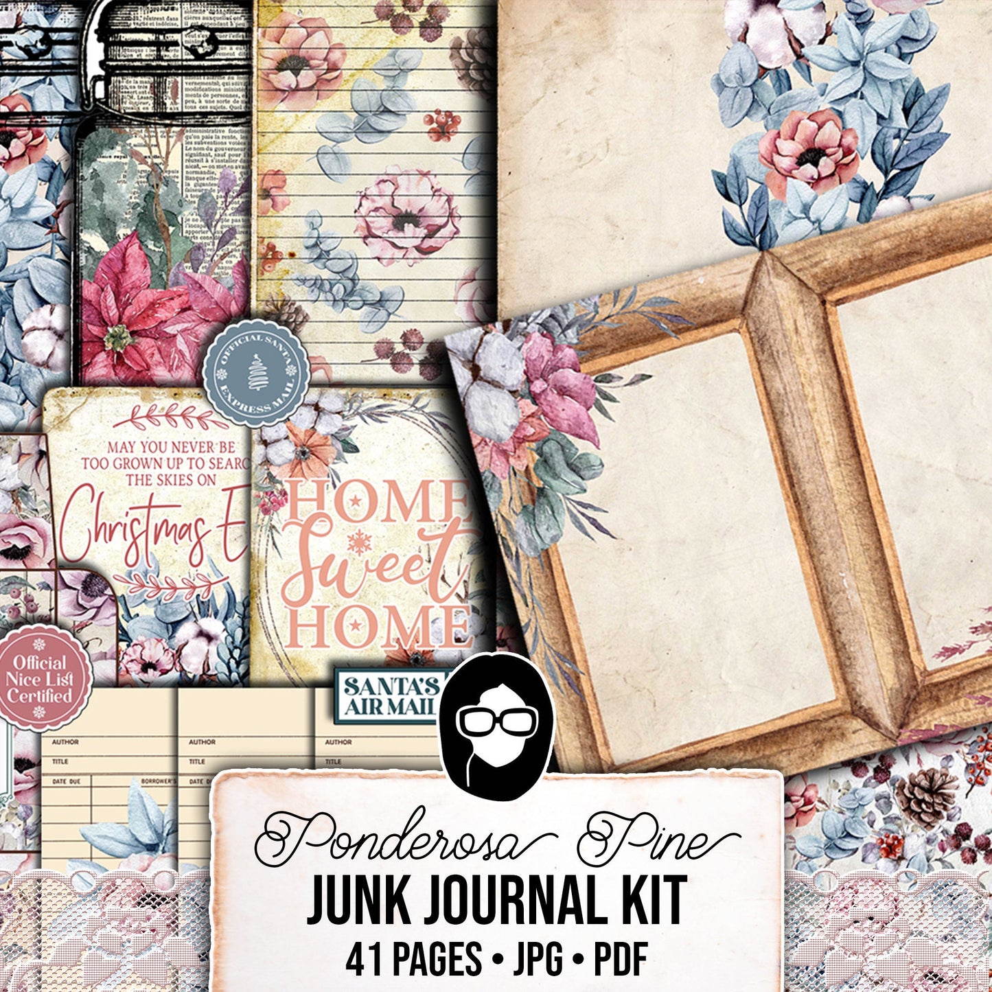 Christmas Junk Journal Kit, Winter digital paper -41pg Digital Download- Poinsettia background, Printable Vintage Christmas, Scrapbook paper