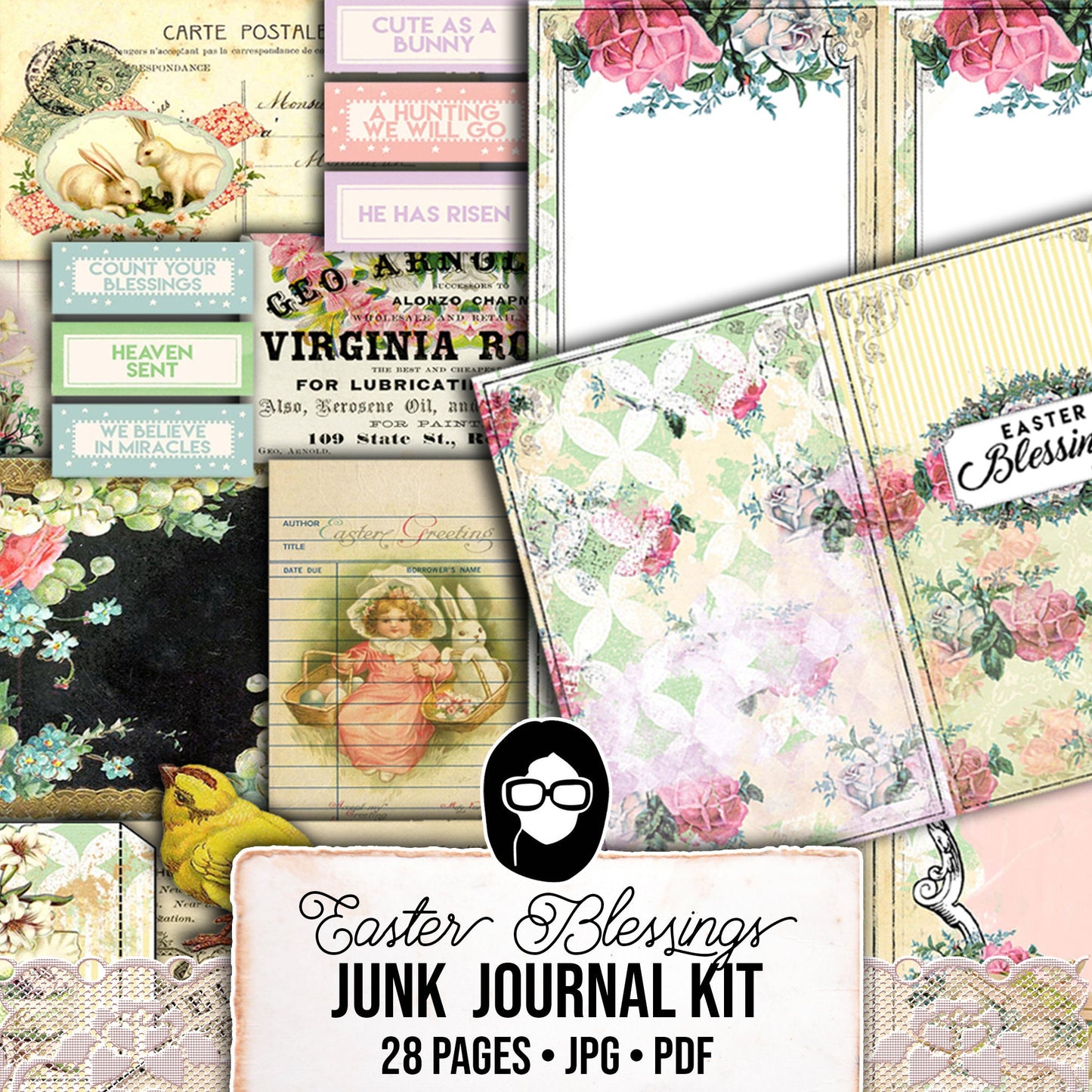 Antique Easter, Junk Journal Kit, Bible Journaling Printables -28pg Digital Download- Prayer Note Card, Devotional for Women, Catholic Cross
