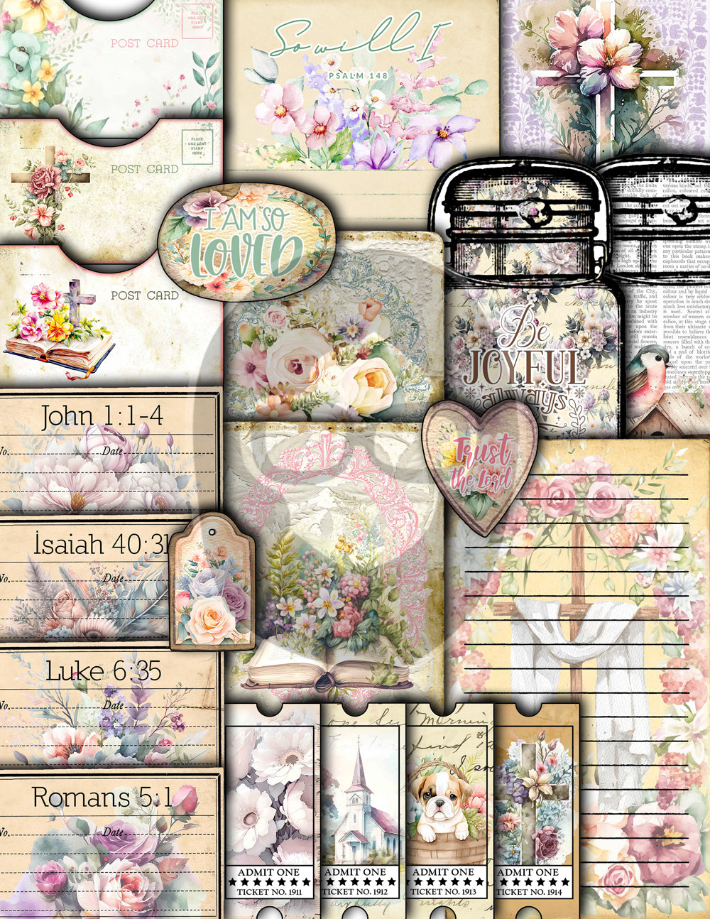 Faith Junk Journal Kit, Scripture Ephemera, Pastel Digital Papers-40pg Digital Download- Religious Cards, Prayer Quotes, Bible Verse Cards