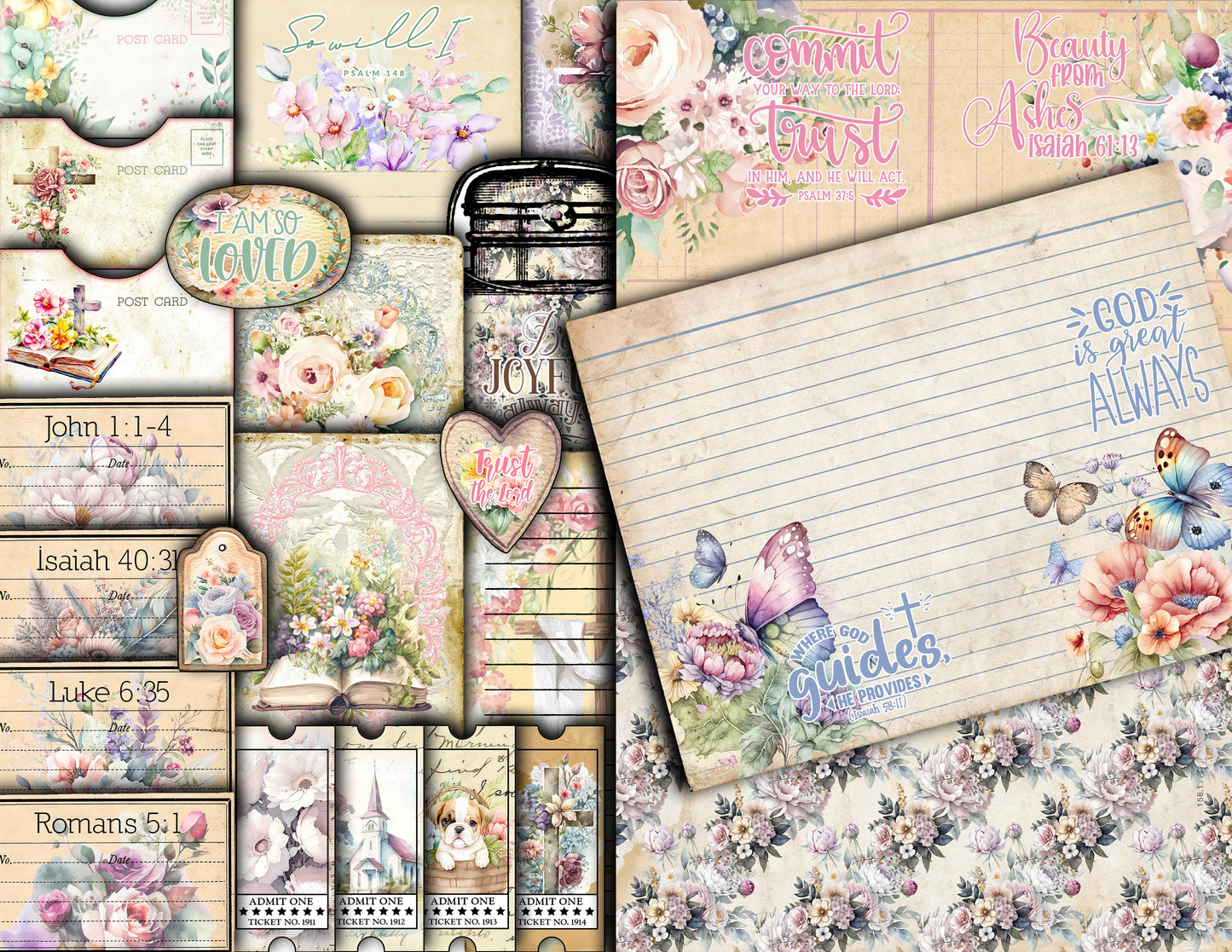 Faith Junk Journal Kit, Scripture Ephemera, Pastel Digital Papers-40pg Digital Download- Religious Cards, Prayer Quotes, Bible Verse Cards
