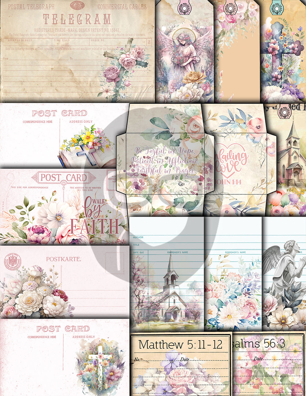 Faith Junk Journal Kit, Scripture Ephemera, Pastel Digital Papers-40pg Digital Download- Religious Cards, Prayer Quotes, Bible Verse Cards