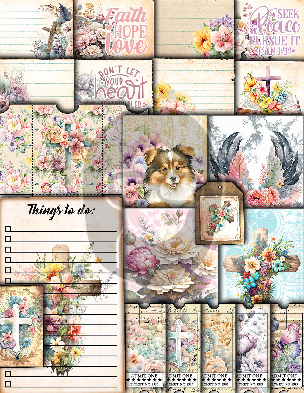 Faith Junk Journal Kit, Scripture Ephemera, Pastel Digital Papers-40pg Digital Download- Religious Cards, Prayer Quotes, Bible Verse Cards